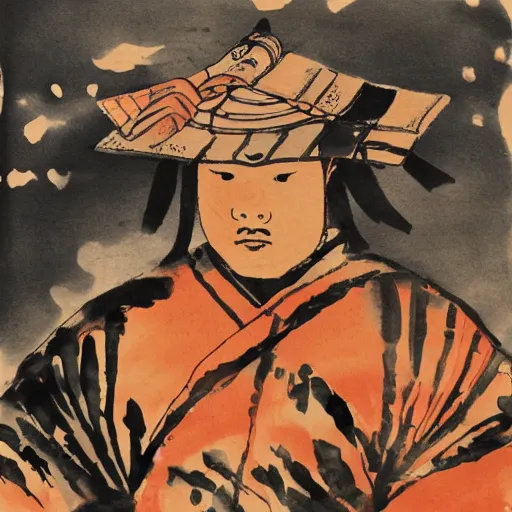 Image similar to puddled ink painting of a samurai,