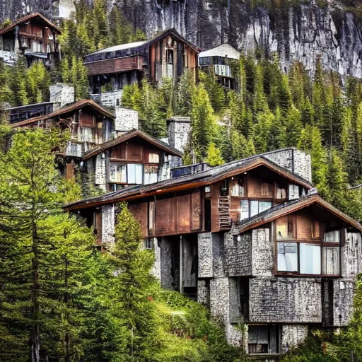 Image similar to brutalist cabin village, mountains, forest, beautiful,