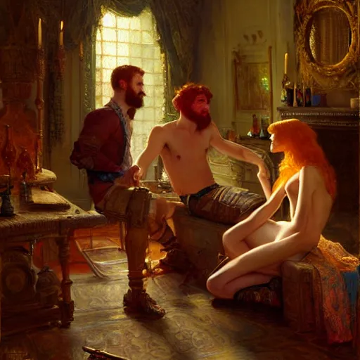 Image similar to attractive mike with ginger hair with attractive tyler with brunet hair, drinking their hearts out, in their noble mansion. highly defined painting, highly detailed painting by gaston bussiere, craig mullins 8 k