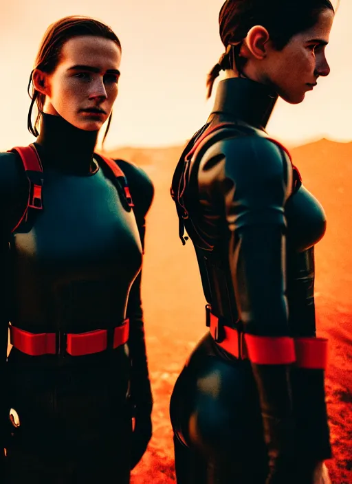 Prompt: cinestill 5 0 d photographic portrait of two loving female androids wearing rugged black techwear on a desolate plain with a red sky, extreme closeup, cyberpunk style, leather garters, dust storm, 8 k, hd, high resolution, 3 5 mm, f / 3 2, ultra realistic faces, ex machina