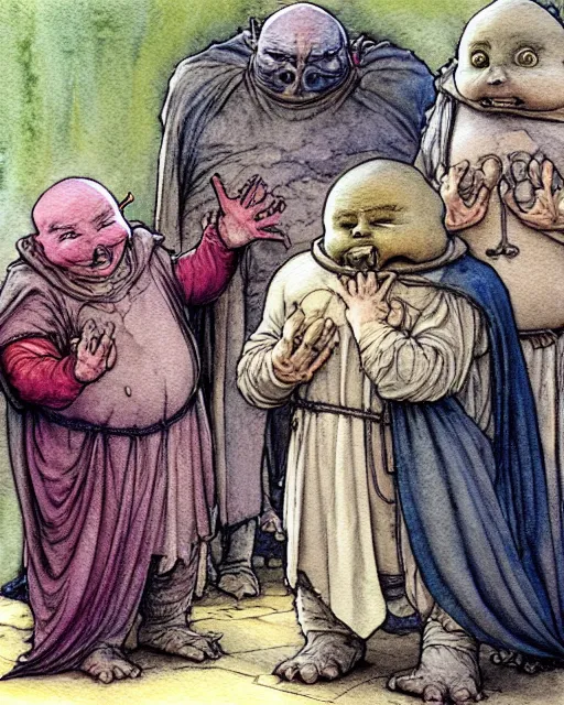 Image similar to a realistic and atmospheric watercolour fantasy character concept art portrait of a fat adorable dirty chibi alien greeting a group of medieval monks in grey robes. by rebecca guay, michael kaluta, charles vess and jean moebius giraud