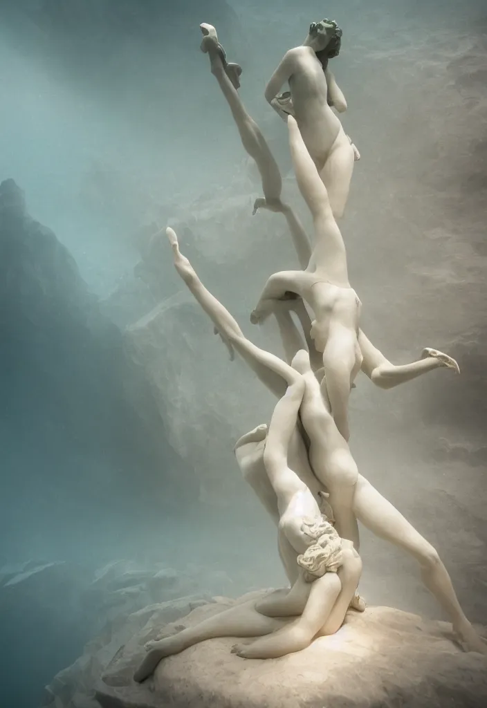 Image similar to an underwater dance between two lightning geometries. complementary colors. national geographic. 8 k, rendered in octane, smooth gradients. soft natural volumetric cinematic light. subsurface scattering. sculpture by antonio canova.
