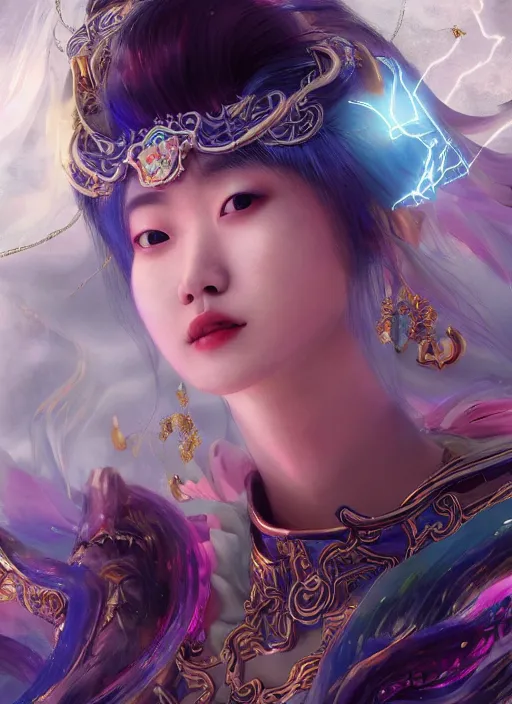 Prompt: close-up of character concept portrait of Korean Goddess from Kpop idol conjuring a violent void multiversal musical note, a floating iridescent lightning and thunder music from God of War in the center, intricate, elegant, digital painting, concept art, smooth, sharp focus, illustration, by WLOP and Ruan Jia and Mandy Jurgens and William-Adolphe Bouguereau, Artgerm