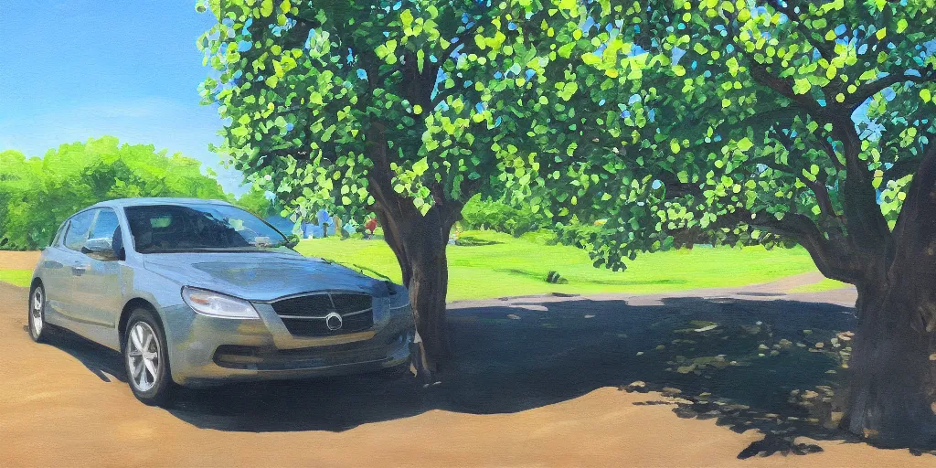 Prompt: painting of a tree coming out of a car