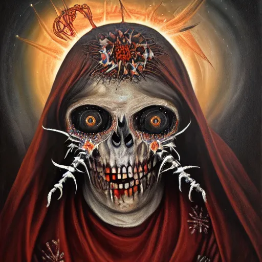 Image similar to santa muerte being awakened by a mexican death cult through a ritual, by anton semenov and amanda sage and h.r. giger in a surreal dark horror style, oil on canvas, 8k, hd,