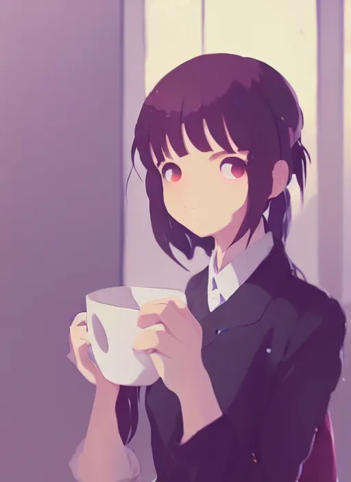 Prompt: girl with a cup of coffee in the office, illustration concept art anime key visual trending pixiv fanbox by wlop and greg rutkowski and makoto shinkai and studio ghibli