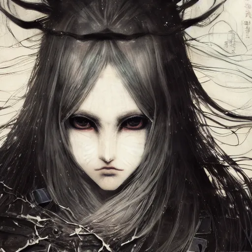 Image similar to yoshitaka amano blurred and dreamy realistic illustration of an anime girl with wavy white hair and cracks on her face wearing elden ring armour with the cape fluttering in the wind, abstract black and white patterns on the background, noisy film grain effect, highly detailed, renaissance oil painting, weird portrait angle