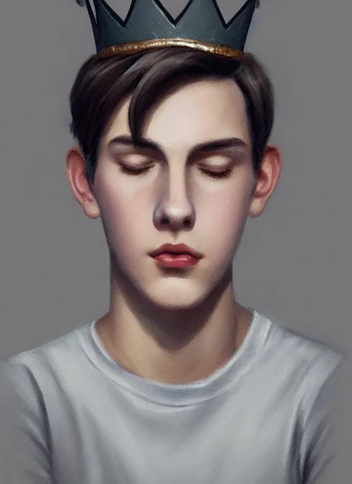 Image similar to portrait of teenage jughead jones wearing a light grey crown, crown, hamburger background, eyes closed, crown, black hair, intricate, elegant, glowing lights, warm lighting, highly detailed, digital painting, artstation, concept art, smooth, sharp focus, illustration, art by wlop, mars ravelo and greg rutkowski