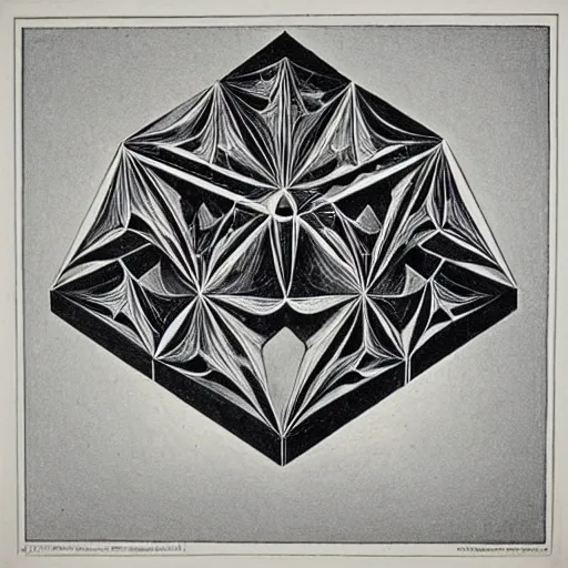 Prompt: “Impossible platonic solids, optical illusion art by M.C. Escher, lithograph, 1959”