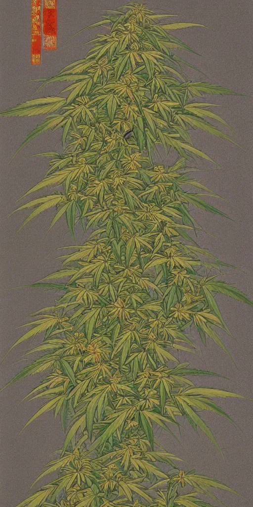 Image similar to A modern fine-art Chinese shanshui painting of cannabis tree with dank buds ready to harvest, full of amber trichome