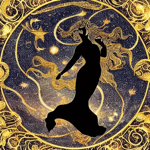 Prompt: Ashford Black Marble, girl with long golden spiralling twisting hair, beautiful, gracious, pagans, marble and gold, space, stars, clouds, suns, moons, drapes, greeks, fruits, bioluminescent, Obsidian pomegranade, medieval globe, portrait, mage, blood, centaur, siren, lion, chariot, snails, render, artstation, draped with red Hibiscus and vines and spines, ultra detailed