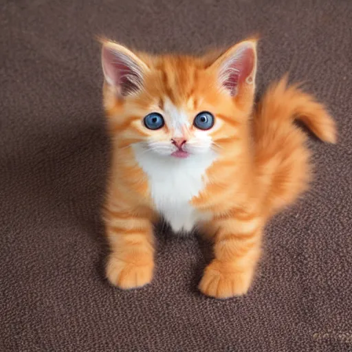 Image similar to cute fluffy orange tabby kitten, wood floor