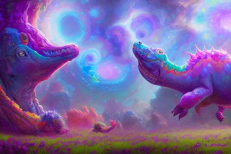 Image similar to a psychedelic realm made entirely out of love and acceptance and hypercolors. astral beings sharing love. cute smiling glowing skin glowing chibi style pixar baby dinosaurs in the style of greg rutkowski and wlop and lisa frank! and bob ross!!! and ruan jia, illustration, epic, fantasy, hyper detailed, smooth, unreal engine, sharp focus, ray tracing