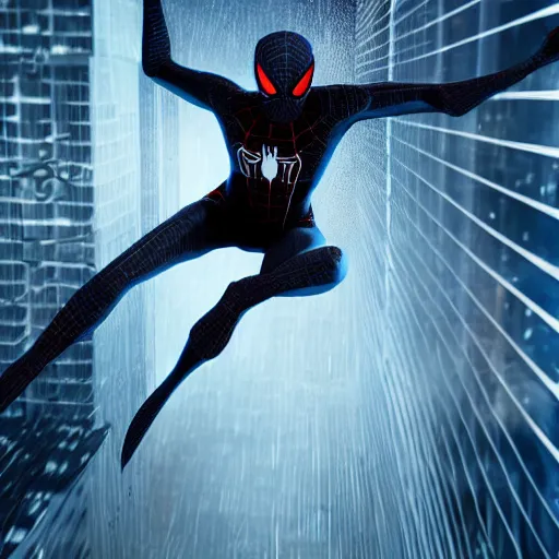 Image similar to black tech suit spider - man blue eyes hanging in tall tower at night rain ultra realistic octane render blender high quality 8 k photo realistic highly detailed