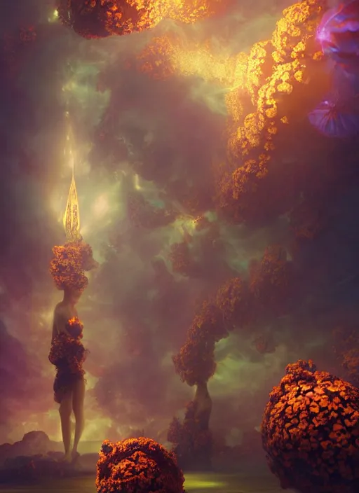 Image similar to flowers within the whole infinite capsule apparent with awe the apparition, an idea seep's into infinity highly detailed in volumetric latent space, golden turquoise steampunk, high contrast cinematic light, mystical shadows, sharp focus, divine realm of gods, octane render, artist by boris vallejo,