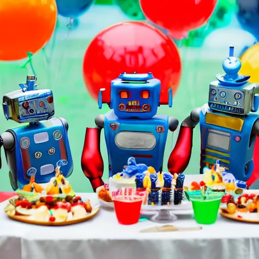 Prompt: three robots having a cool party birthday party, highly detailed