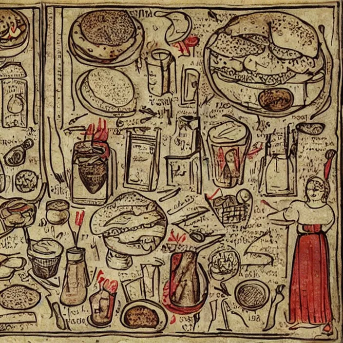 Image similar to ( ( ( ( illustrated recipe for an hamburger ) ) ) ) lot of medieval enluminures in the background explaining the recipe, found schematic in a notebook