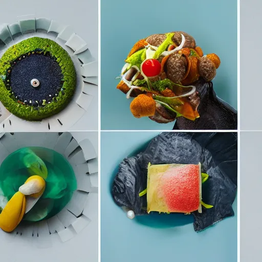 Prompt: a meal of rather weird and slightly disgusting, but also futuristic designer food, food photography