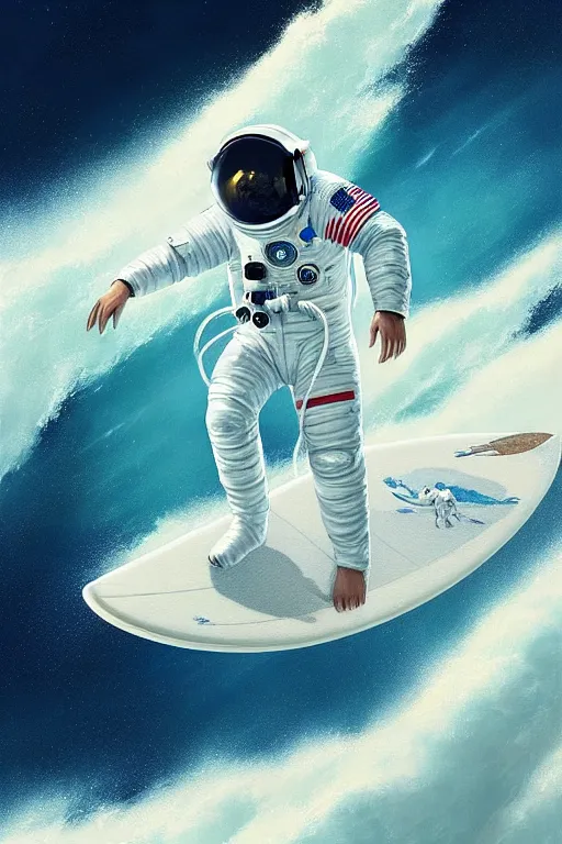 Image similar to a beautiful digital painting of an astronaut in a white space suit surfing the great wave on a surfboard by greg rutkowski, photorealistic, trending on artstation, highly detailed, intricate, unreal engine, octane render