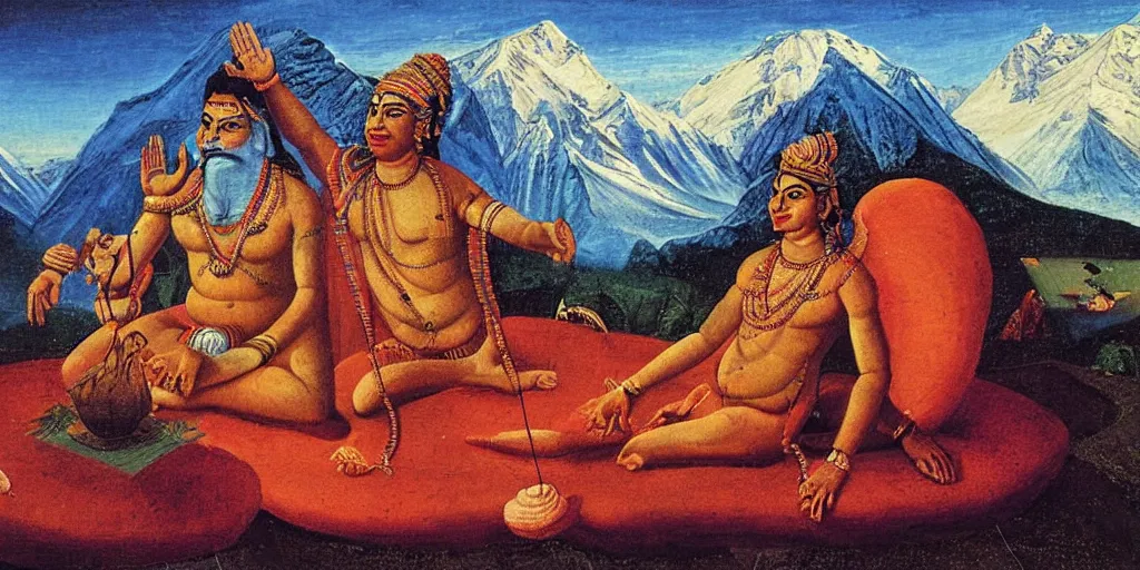 Prompt: Shiva on his Vimana with the Himalaya from the Shiva Rahasya 1827 in the style of David Hockney, detailed oil painting