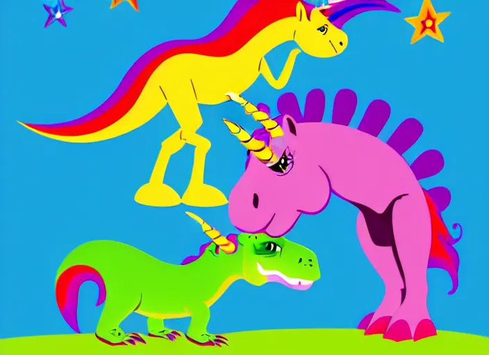 Image similar to T-rex and Unicorn relaxing, colorful,modern, disney poster, detailed,