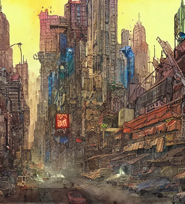 Image similar to a watercolor ink painting of a post - apocalyptic new - york in the style of jean giraud in the style of moebius trending on artstation deviantart pinterest detailed realistic hd 8 k high resolution