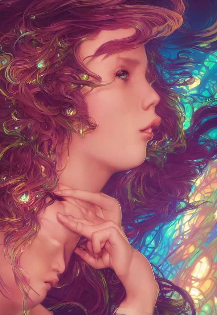 Image similar to beautiful, young woman, detailed gorgeous face, vaporwave aesthetic, synthwave, colorful, psychedelic, artstation, concept art, smooth, extremely sharp detail, finely tuned detail, ultra high definition, 8 k, unreal engine 5, ultra sharp focus, illustration, art by artgerm and greg rutkowski and alphonse mucha