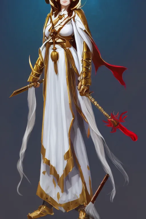 Prompt: Full-body picture of beautiful young priestess, White and gold robes, red waist-long hair, mace and shield, visible face, dungeon and dragons, high fantasy, alluring, artstationhd, artstationhq, trending in artstation, safebooru