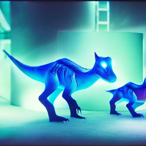 Image similar to electric blue scaled glowing baby dinosaurs in tron movie, cinestill