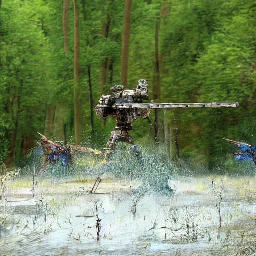 Prompt: a beautiful shot poweful spider - like battle mechas by shoji kawamori, tank turret with a big rail gun, two plasma phasers, mutliples rocket pods, machine gun, in a swamp battlefield, water, mud, reeds, dead trees, explosions, dust, beautiful natural light, golden hour, war photography, by annie leibowitz