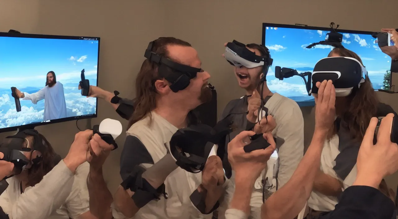 Image similar to Jesus Christ teaching his disciples how to install Windows 11 using VR. Photo realistic.