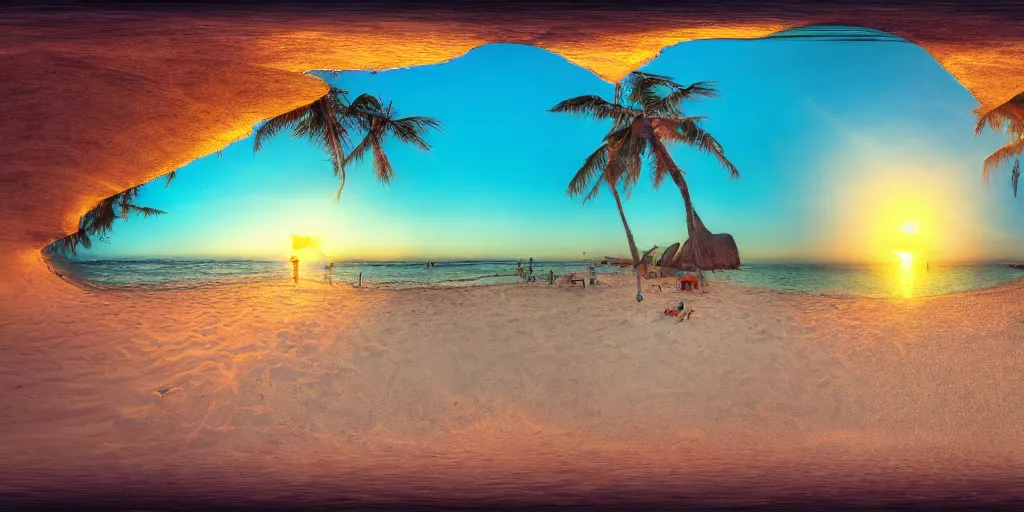 Image similar to 3 6 0 panorama hdr environment map of being on a beach party people music sand light sunset photograph very high detail focus octane render