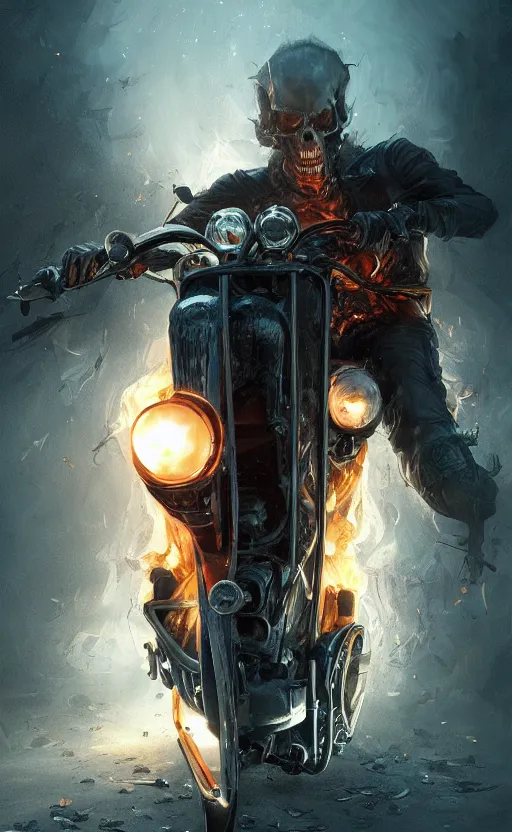 Image similar to dead as ghost rider, dynamic lighting, photorealistic fantasy concept art, trending on art station, stunning visuals, terrifying, creative, cinematic