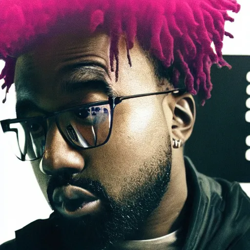 Image similar to a fusion between joji the weeknd and kanye west, looking at the camera, realistic, 4 k, hdr, grainy