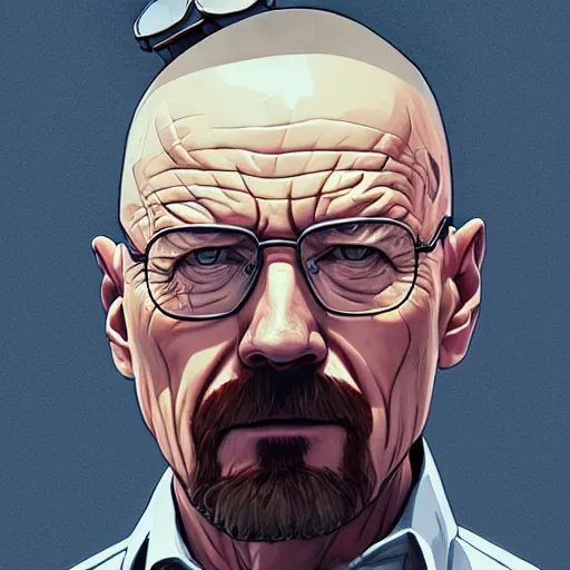 Prompt: walter white close - up, breaking bad, gta 5 cover art, borderlands style, cellshading, trending on artstation, by rhads, andreas rocha, rossdraws, makoto shinkai, laurie greasley, lois van baarle, ilya kuvshinov and greg rutkowski