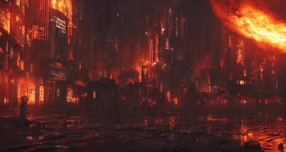 Image similar to a cyberpunk medieval gothic dark-ages city, rich contrast, fire-twister, fire-tornado, lava-twister, feeling of grimdark and gothic horror, explosions and fire, hyperrealistic, octane render, unreal engine, Cryengine 8k UHD