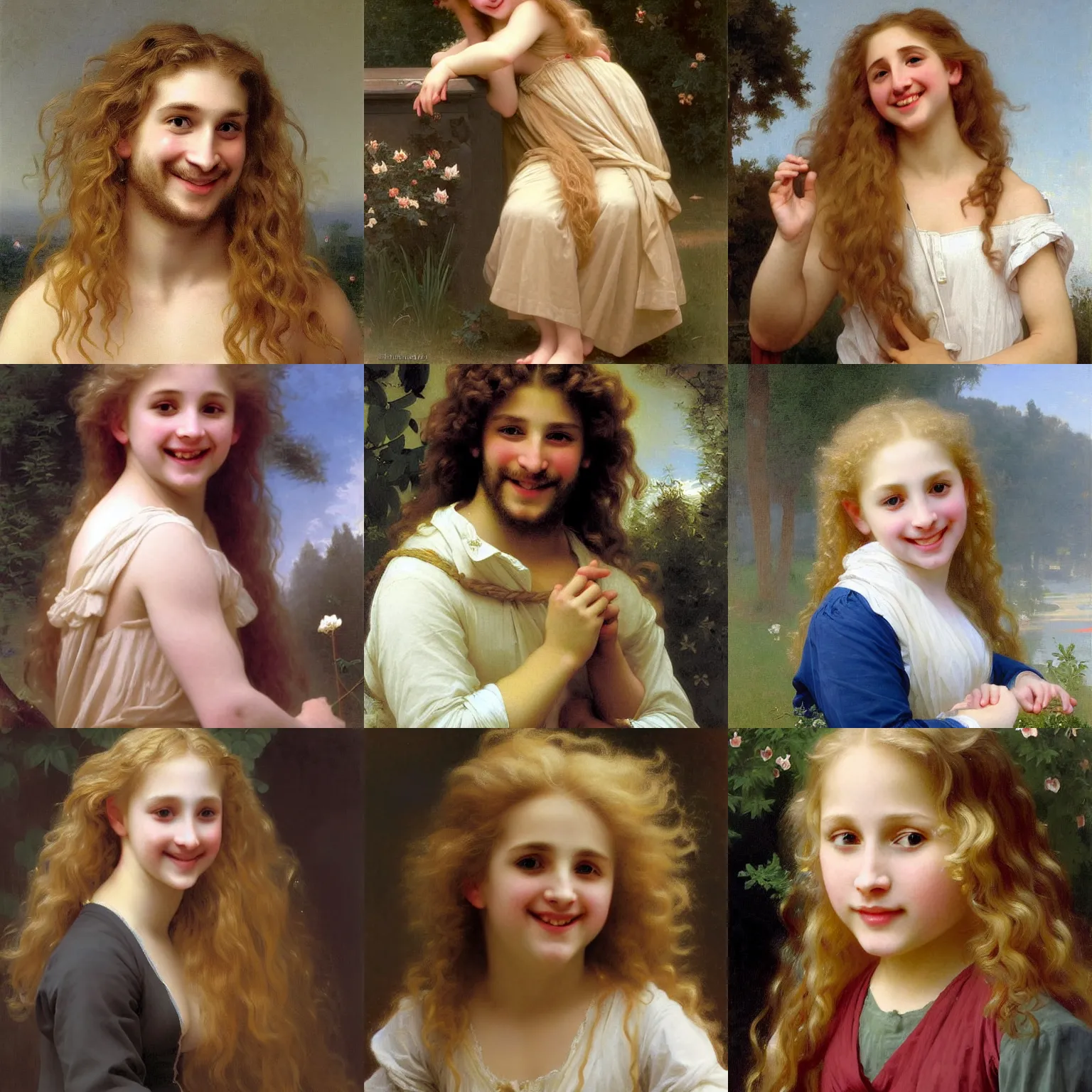 Prompt: Painting of danilo kovalev with long fluffy curly blond hair. beautiful long golden blonde hair. Young. Smiling. Happy. Cheerful. Art by william adolphe bouguereau. Very very very very very very very very very very very very much detailed. Beautiful. 4K. Award winning.