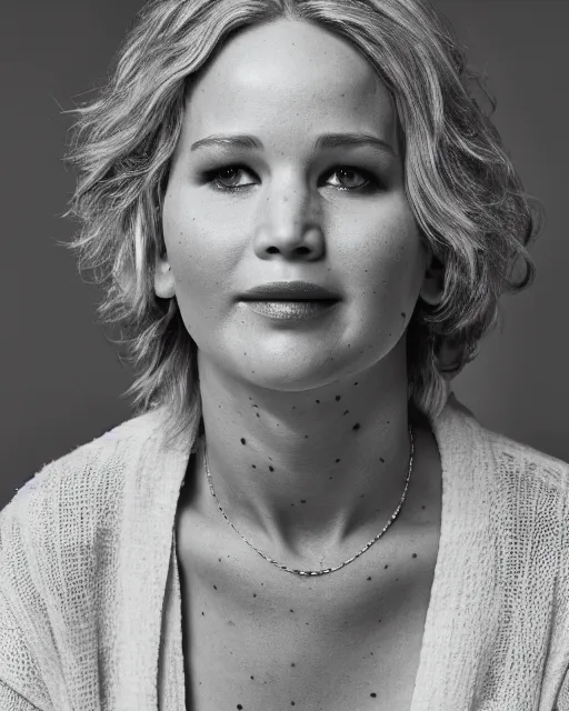 Prompt: A studio photo of Jennifer Lawrence as an old woman, 60 years old, bokeh, 90mm, f/1.4