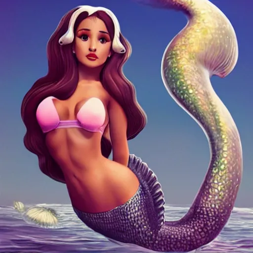 Prompt: hyperrealistic cottagecore ariana grande as a bombshell mermaid, full body portrait, sharp, smooth, artststion, in the style of artgerm