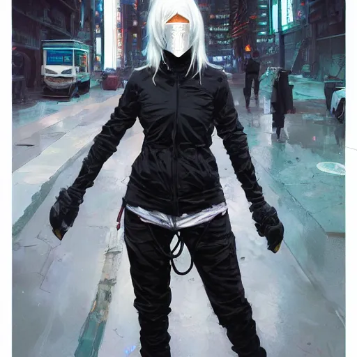 Image similar to very cool girl white hair girl with mask, streetwear, techwear, cyberpunk style outfit, full body, nose piercing, detailed portrait, intricate complexity, by greg rutkowski, cushart krentz, artgerm, ross tran, conrad roset, takato yomamoto, ilya kuvshinov. 4 k, beautiful, cinematic dramatic atmosphere