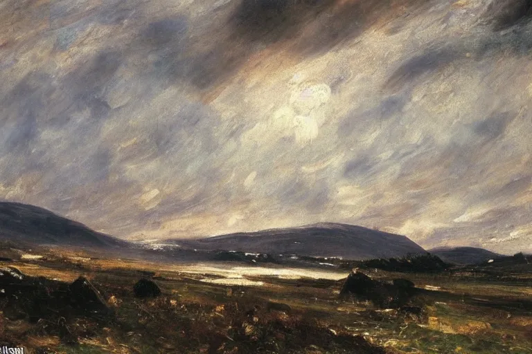 Prompt: a beautiful oil painting of a Scottish Highland winter landscape, evening light, by john constable, beautiful light, detailed, dramatic