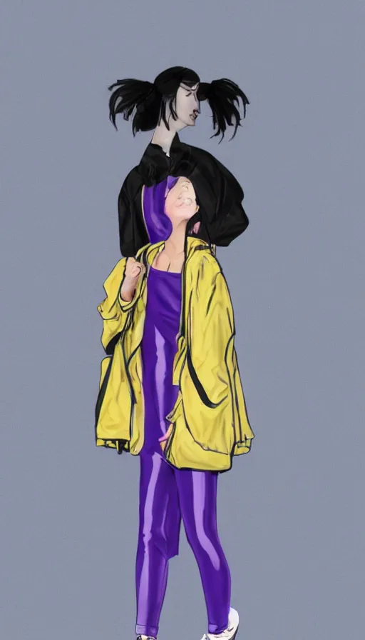 Prompt: a fashion sketch of a girl wearing a puffy japanese kimono inspired dark anorak and tight purple leggings with yeezy 5 0 0 sneakers