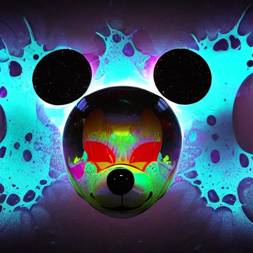 Prompt: counterfeit mickey mouse head, fractal, broken, psychedelic dystopia, fractured, melting, wet, mycelium, radiant alien, rococo, baroque, automotive, bio-mechanical, porcelain, iridescent, sub surface scattering, unreal engine 5