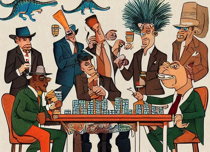 Prompt: dinosaurs wearing vintage suits, playing poker and drinking beer, in the style of cassius marcellus coolidge