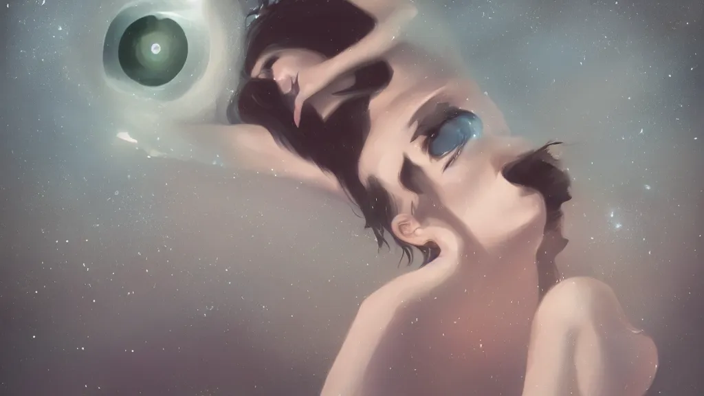 Image similar to whimsical, a beautiful playful woman, wearing professional makeup, standing in a lake, under the stars, with a binary black hole with a ring in the sky, by Lois van Baarle, by Greg Rutkowski, by Ilya Kuvsninov, cinematic angle, face enhance, volumetric lighting, cinematic lighting, digital art, 4k resolution, trending on artstation, masterpiece