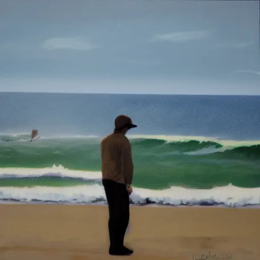 Image similar to a man named Luke harrington who lives on Ocracoke island staring at the ocean, photorealistic