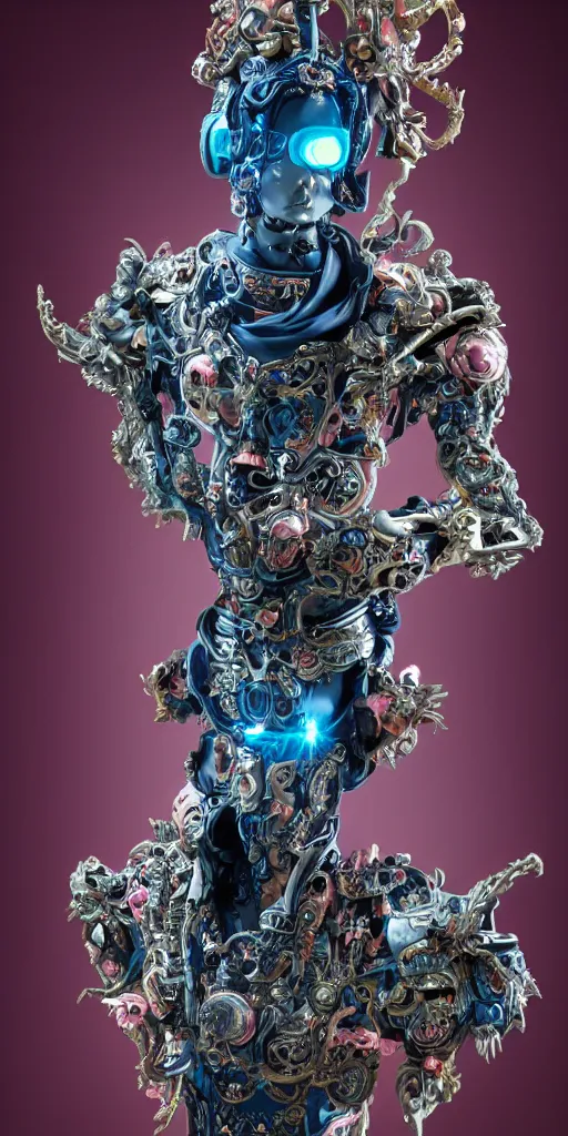 Image similar to full-body baroque and cyberpunk style porcelain sculpture of a young seductive Hispanic prince half android with a chest exposing a glowing gemstone battery, glowing pink seductive laser eyes, crown of blue gears and diamonds, swirling salmon-colored silk fabric, robotic raptors dinosaurs. baroque elements. full-length view. intricate artwork by caravaggio. art by Artgerm and Greg Rutkowski and Alphonse Mucha, Trending on artstation, cinematic industrial lighting, hyper realism, octane render, 8k, depth of field, 3D