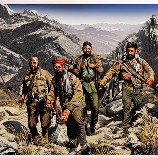 Prompt: kurdish freedom fighters in the mountains art by martin ansin, highly detailed, 8 k, high resolution, award winning art, incredibly intricate