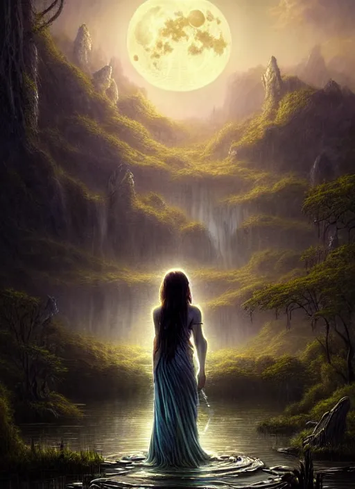 Image similar to fantasy book cover, full moon, fantasy bayou landscape, goddess in a flowing dress in the middle, back view, iridescent elements, fantasy magic, dark light night, intricate, elegant, sharp focus, illustration, highly detailed, digital painting, concept art, matte, art by wlop and artgerm and greg rutkowski and albert bierstadt, masterpiece