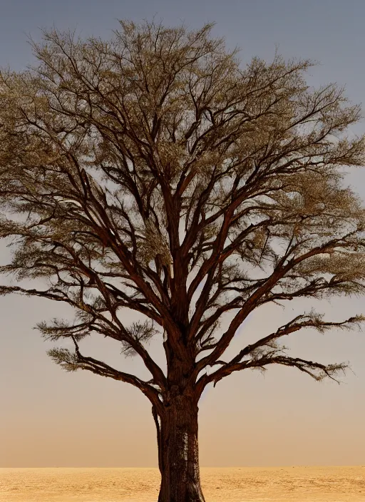 Prompt: the tallest tree in history in the middle of barren desert, sand, high res, highly detailed, photographed, 5 0 mm